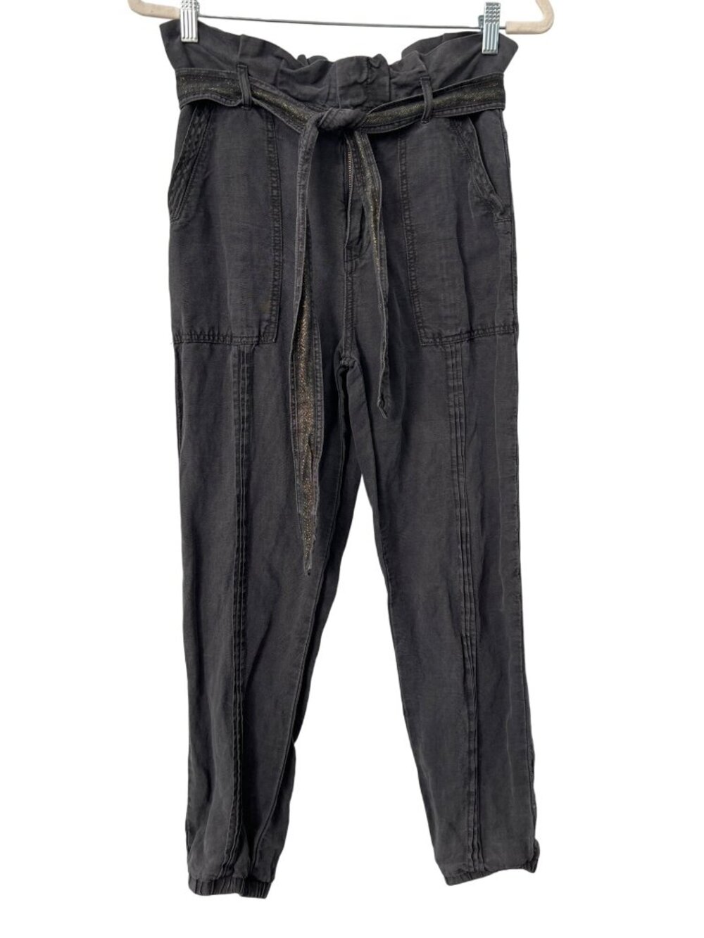 Anthropologie Size 2 Paperbag Belted Jogger Pants Pintuck Linen Blend Black